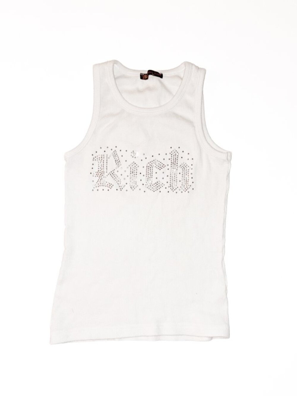 Nostalgic White Ribbed tank top with "Rich" Bedazzled